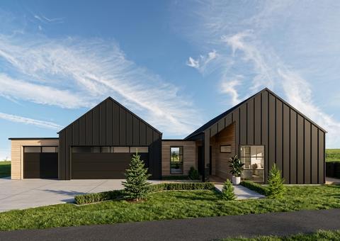 Modern black house with angular roof design. Tauranga, bay of plenty