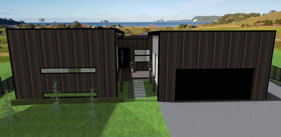 Whitianga Modern black building with ocean view in background.