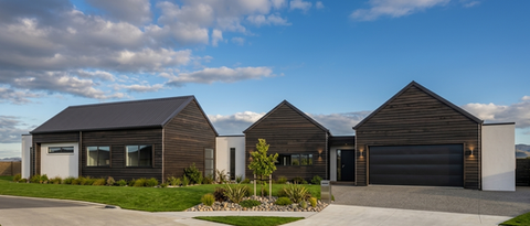 Modern house with dark wood exterior and blue sky.