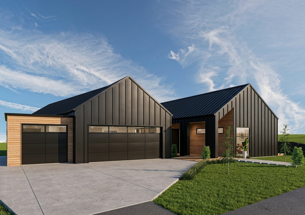 Modern black house with a spacious driveway.