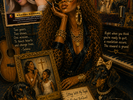 Rachel RaQuel inspirational digital artwork featuring Philadelphia skyline, live music, theater, faith, dachshunds, piano, and memories of singing with her mother. Includes promotion for the stage play Are You Marriage Material at Lawrenceville Arts Center in Lawrenceville, Georgia, starring Rachel RaQuel as Selena