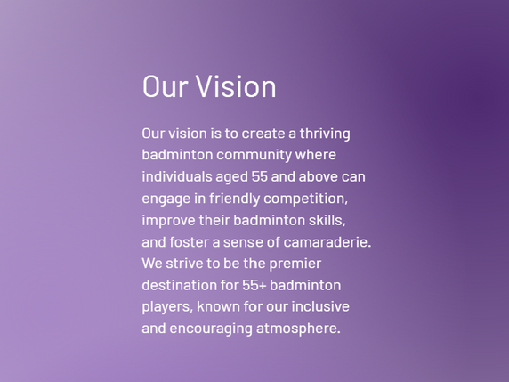 Our Vision: Thriving 55+ badminton community, friendly competition, skill improvement, camaraderie