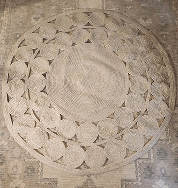 Large Bohemian boho round Jute accent rug for party, event, baby shower, bridal shower, wedding rental & delivery in Philadelphia & New Jersey