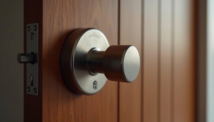 Close-up view of a modern deadbolt lock installed on a wooden door