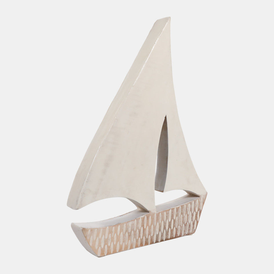 Distressed Wood Sailboat, White/natural 12"X 18"