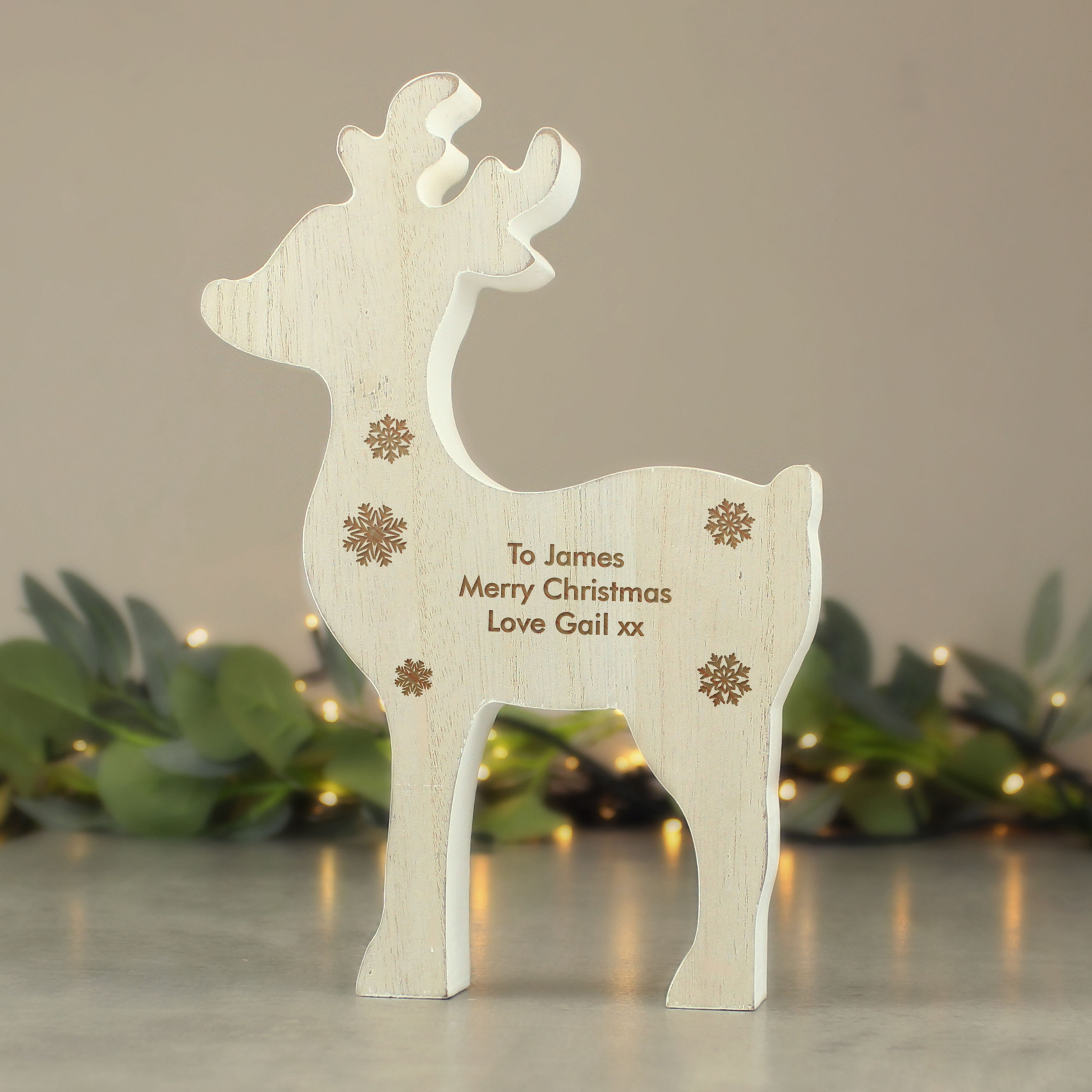Personalised Rustic Wooden Reindeer Decoration.