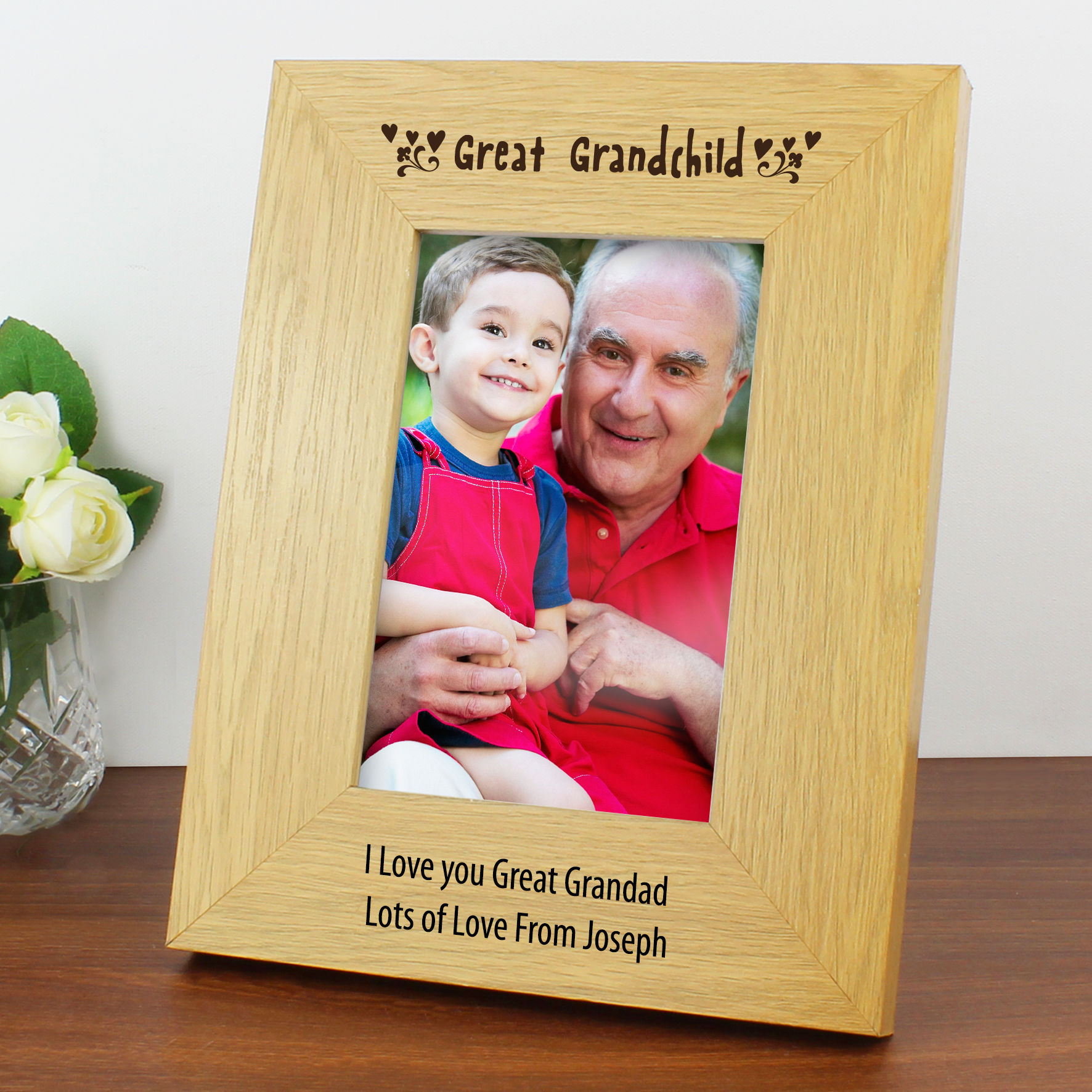 Personalised Oak Finish 6x4 Great Grandchild Photo Frame.