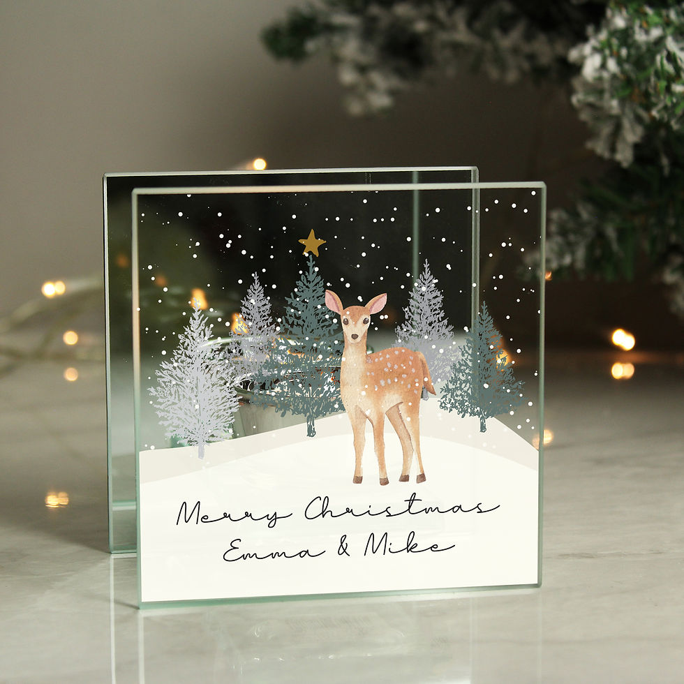 Personalised Christmas Deer Glass Tea Light Candle Holder.