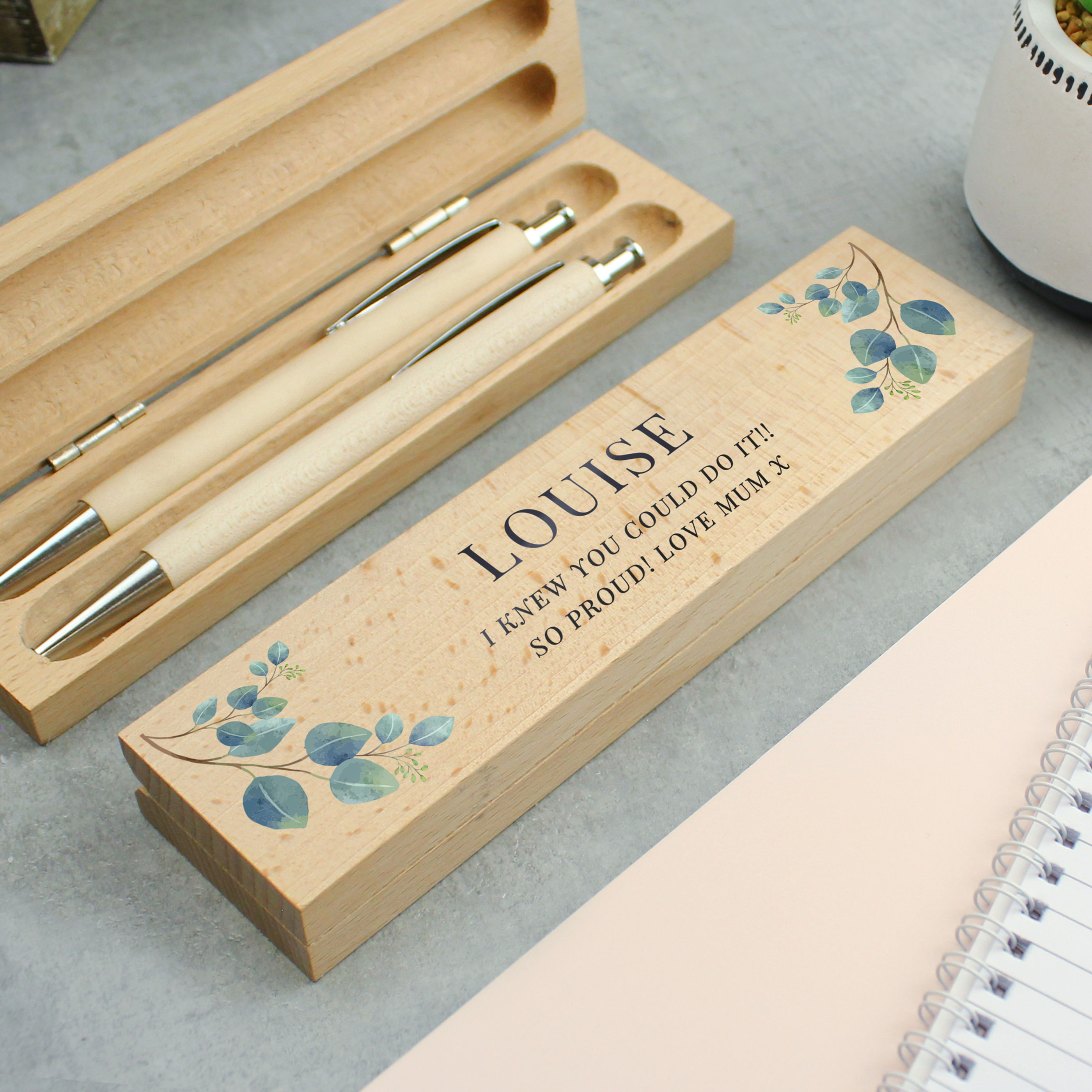Personalised Botanical Wooden Pen and Pencil Set.