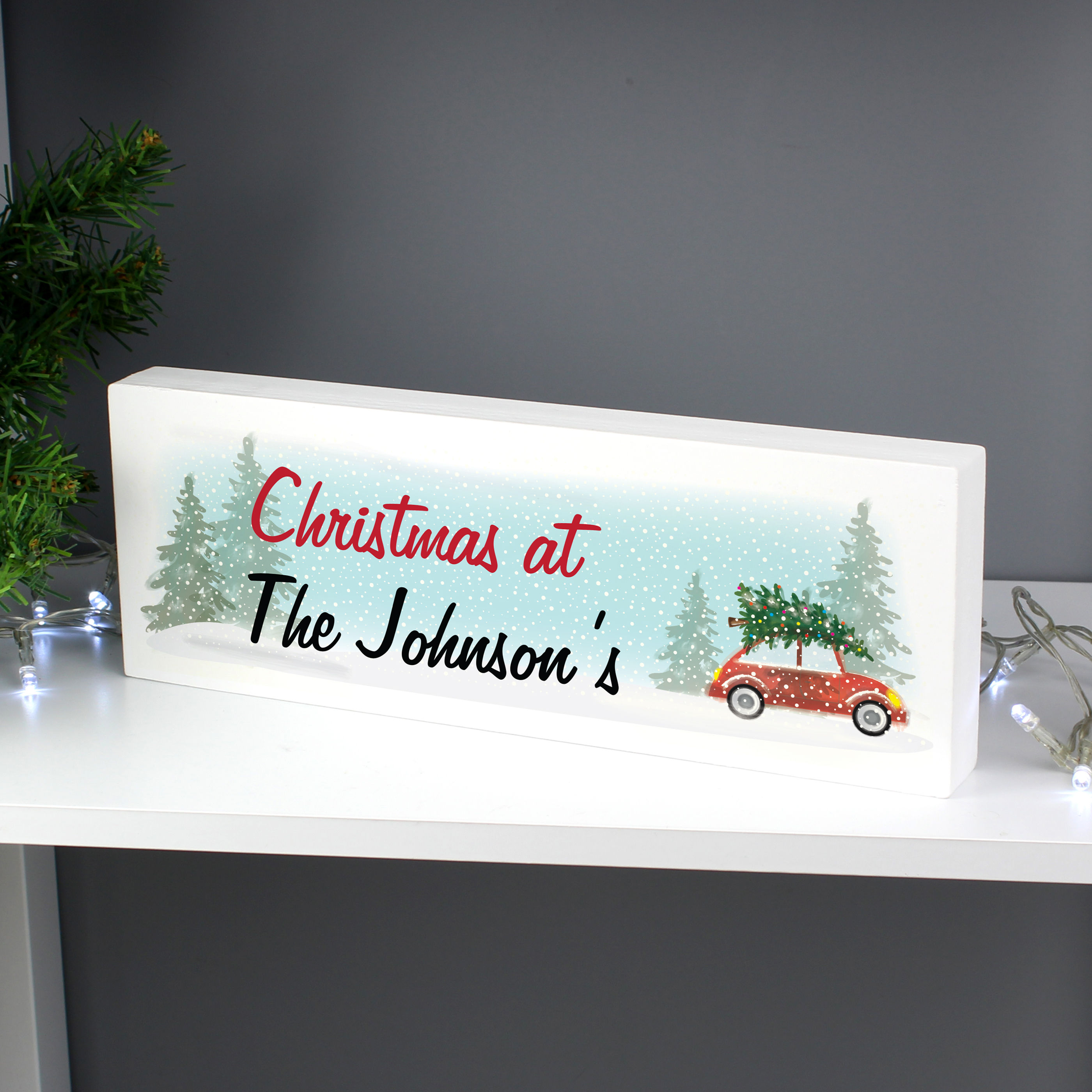 Personalised Driving Home For Christmas Wooden Mantel Decoration.