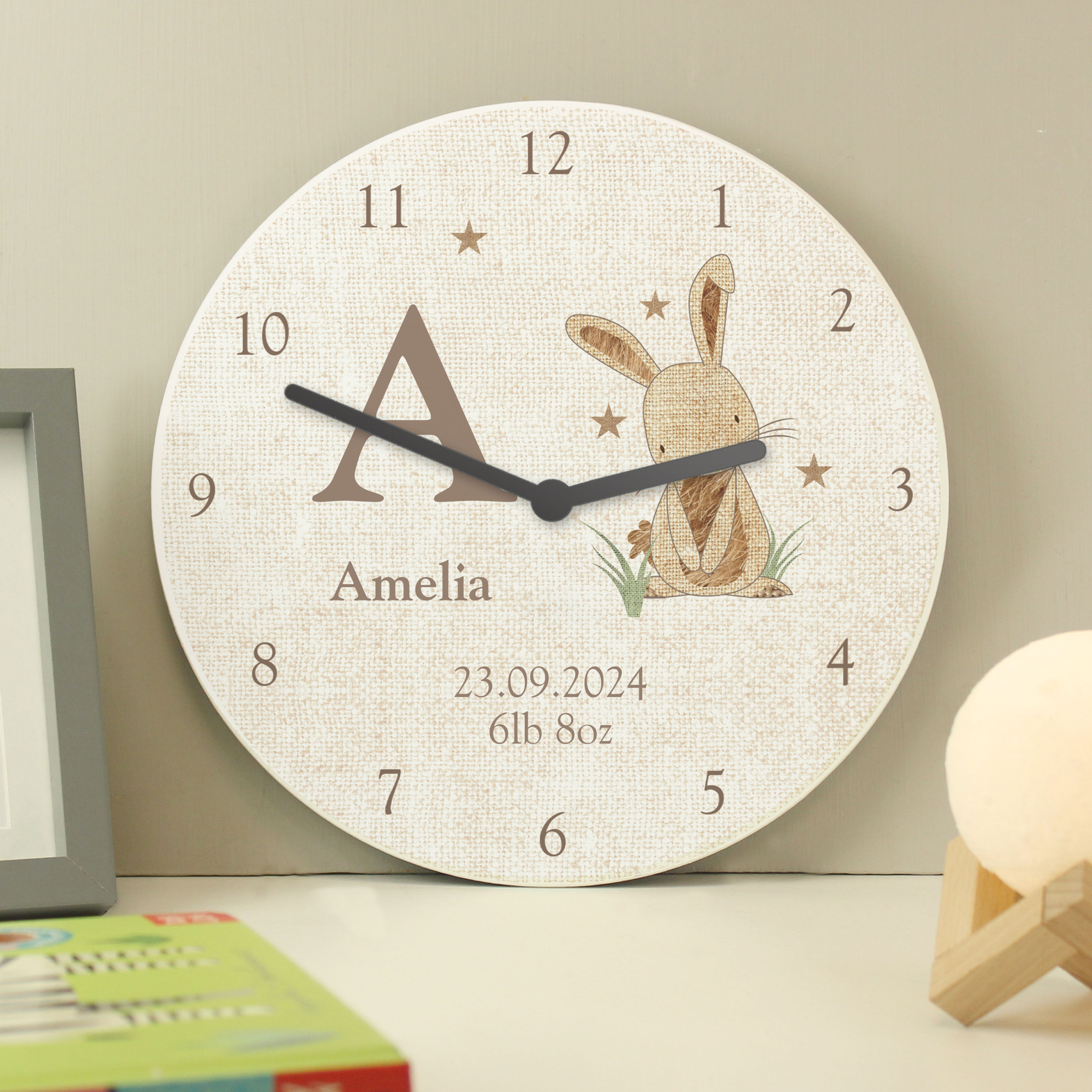 Personalised Hessian Rabbit Shabby Chic Large Wooden Clock.