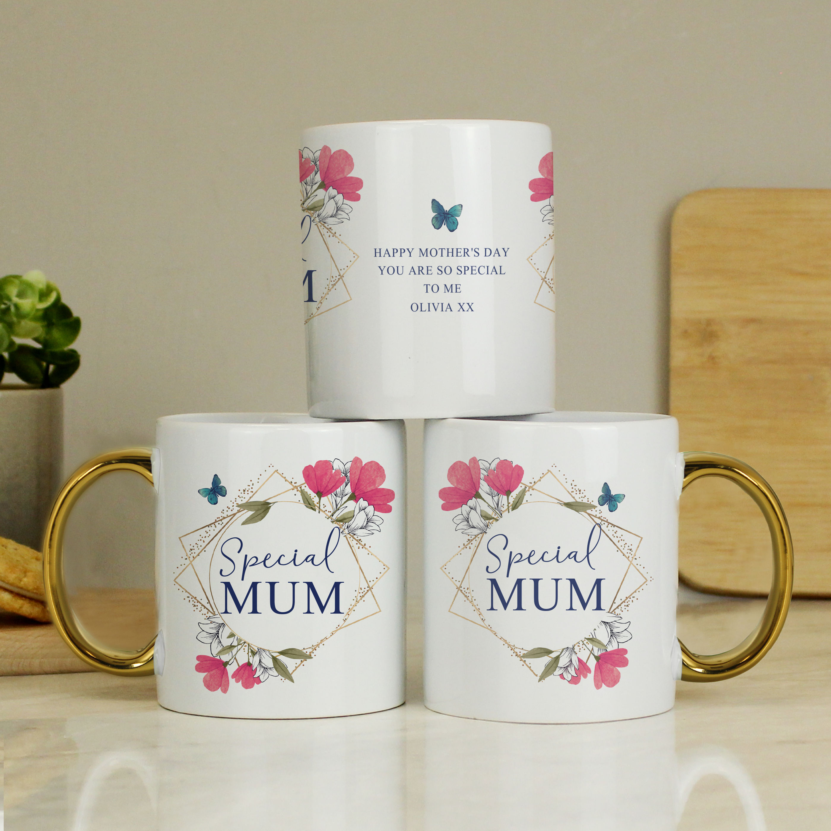Personalised Geometric Floral Gold Handle Mug.