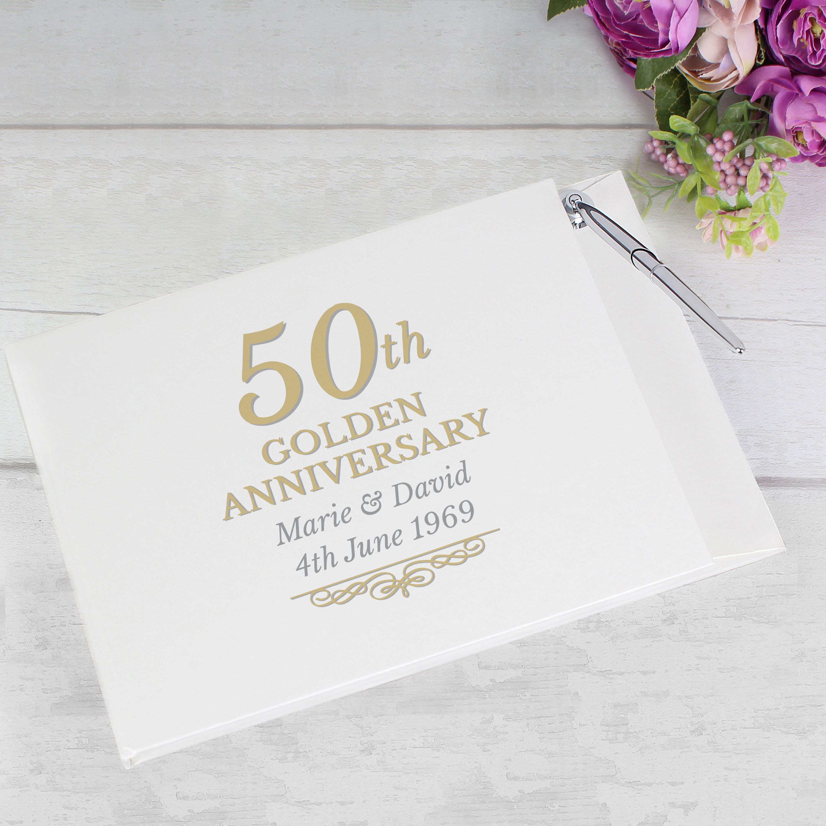 Personalised 50th Golden Anniversary Hardback Guest Book & Pen.