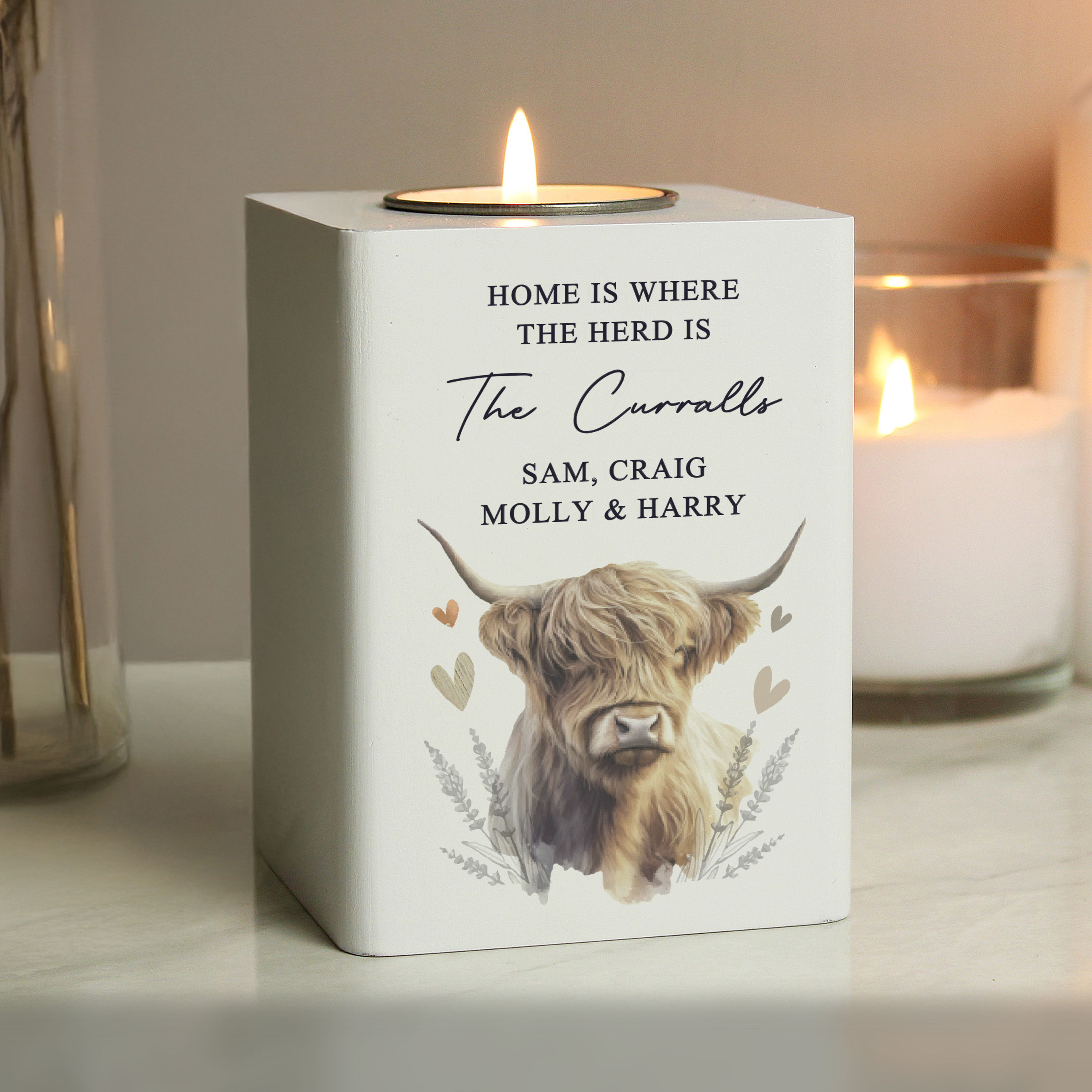 Personalised Highland Cow Wooden Tealight Holder.