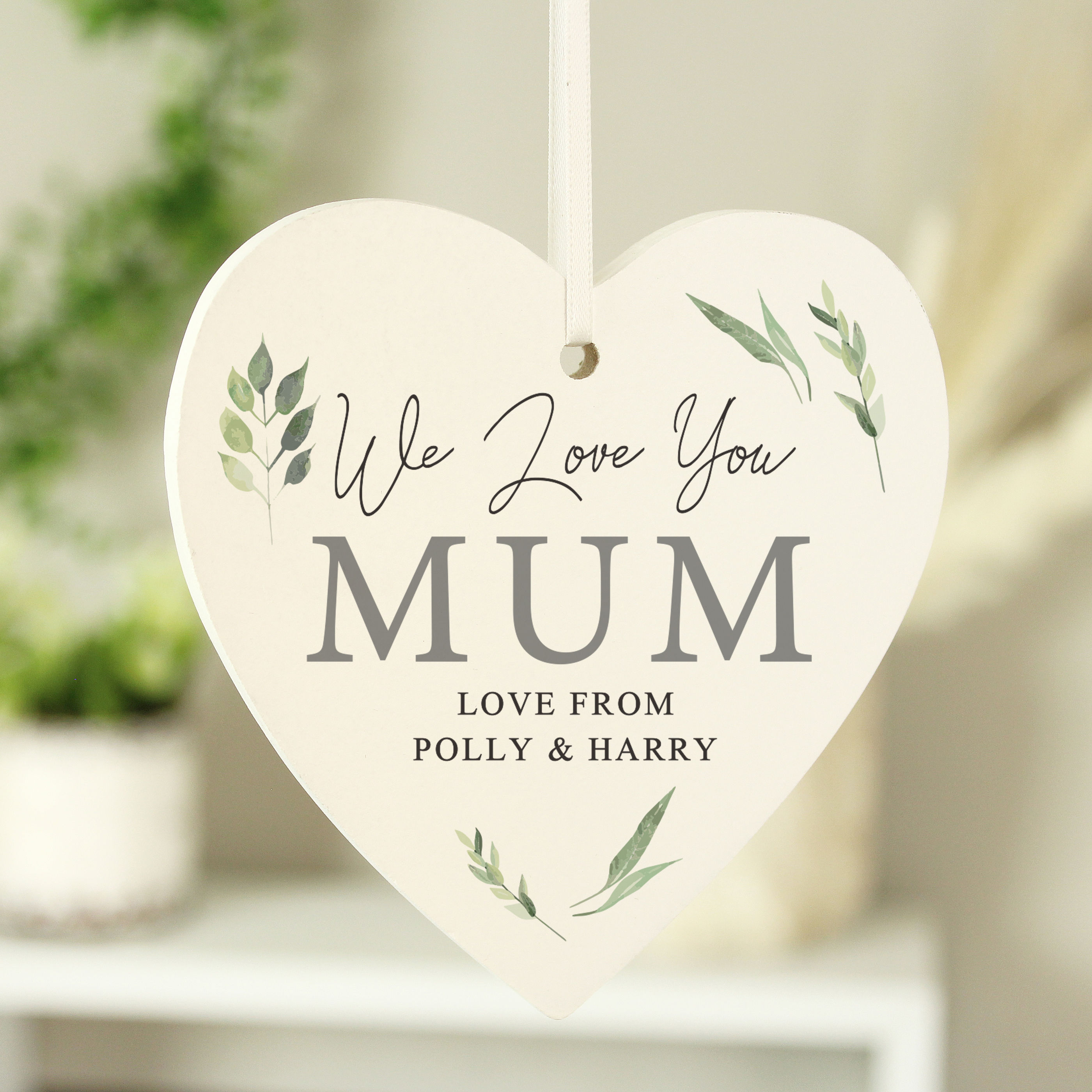 Personalised Botanical Script Wooden Heart Decoration.