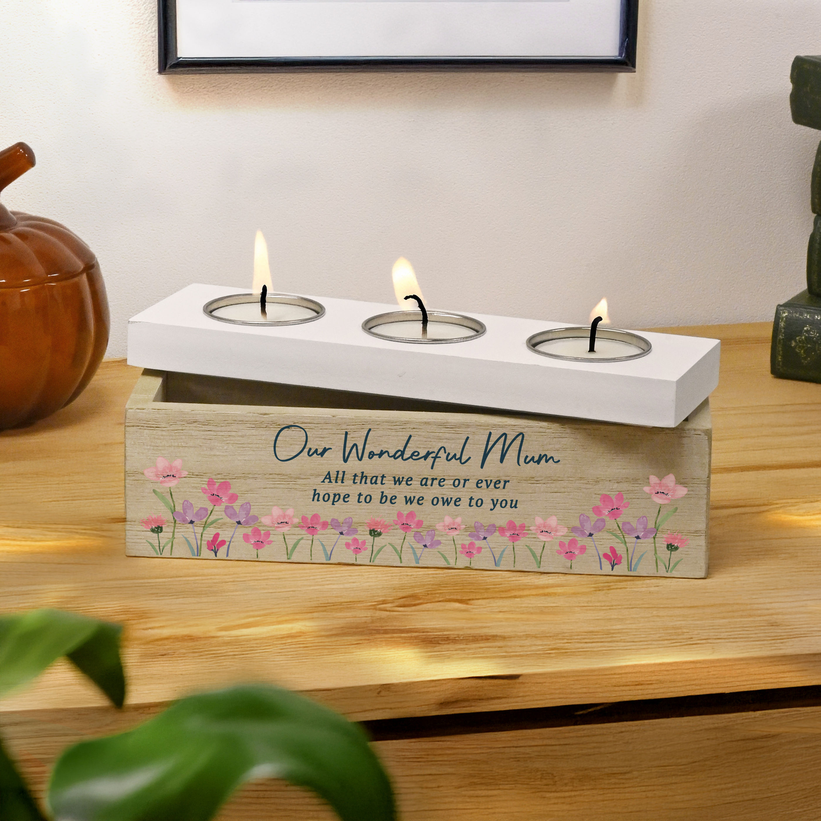 Personalised Floral Wooden Triple Tea Light Box.