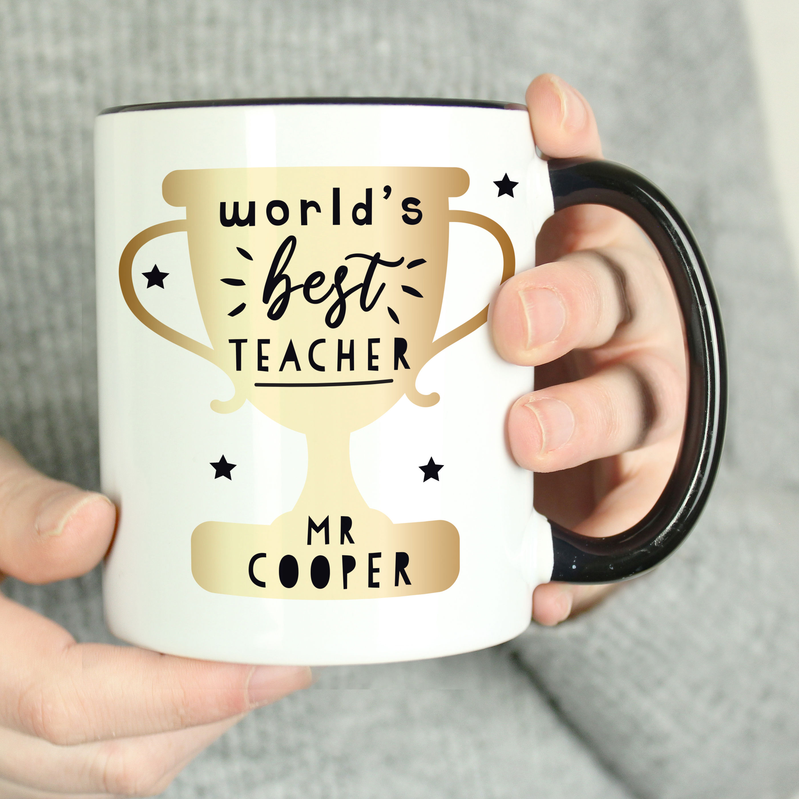 Personalised World's Best Teacher Trophy Black Handled Mug.