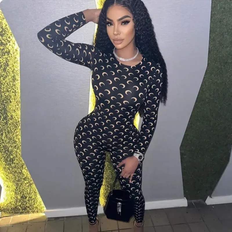 Thumbnail: Retro Jumpsuit Women Sexy Slim Fit Moon Print Long Sleeve
