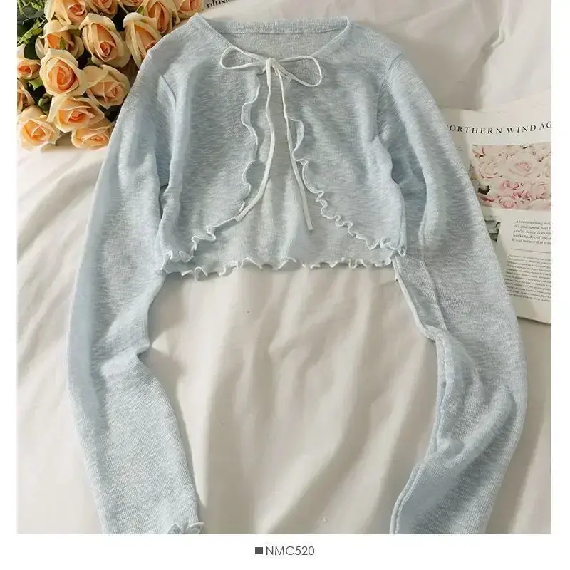 Miniatura: Women Frenum Cardigan Blouses and Tops Bow Lace Up Long Sleeve Crop Top Female