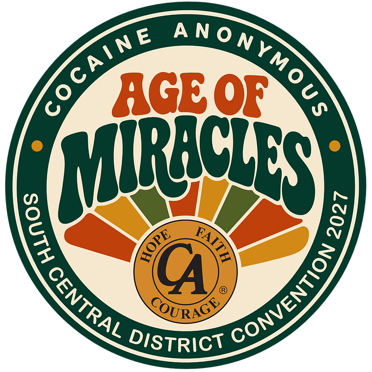 Age of Miracles logo for the Cocaine Anonymous South Central District Convention 2027, featuring retro-style typography, a sunrise design, and the Cocaine Anonymous symbol with the words Hope, Faith, and Courage.