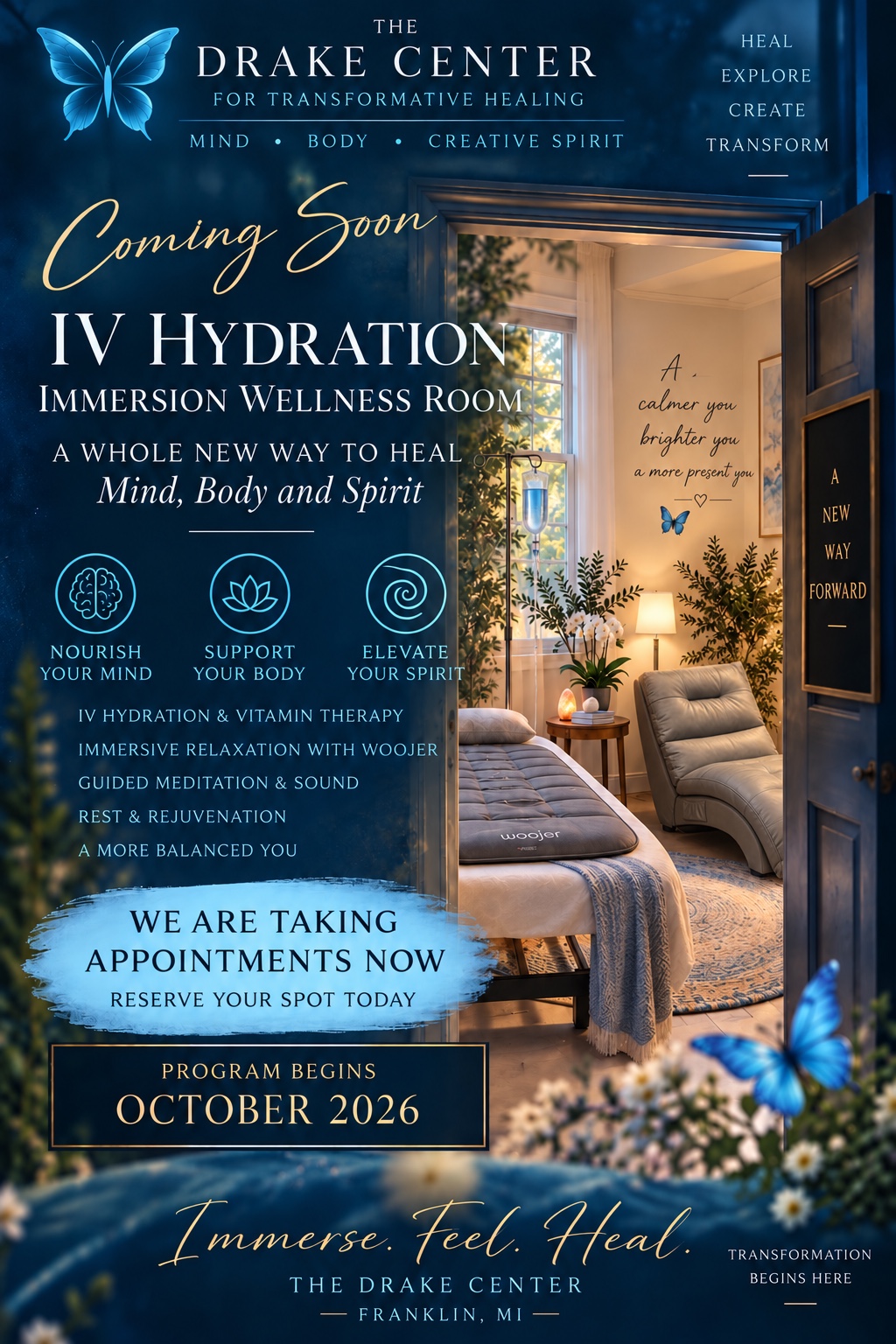 The Drake Center IV Hydration coming soon artwork with IV bag in the planned wellness room