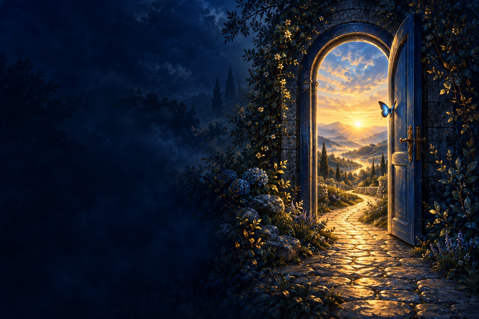 An open blue doorway reveals a sunlit path, with a blue butterfly taking flight