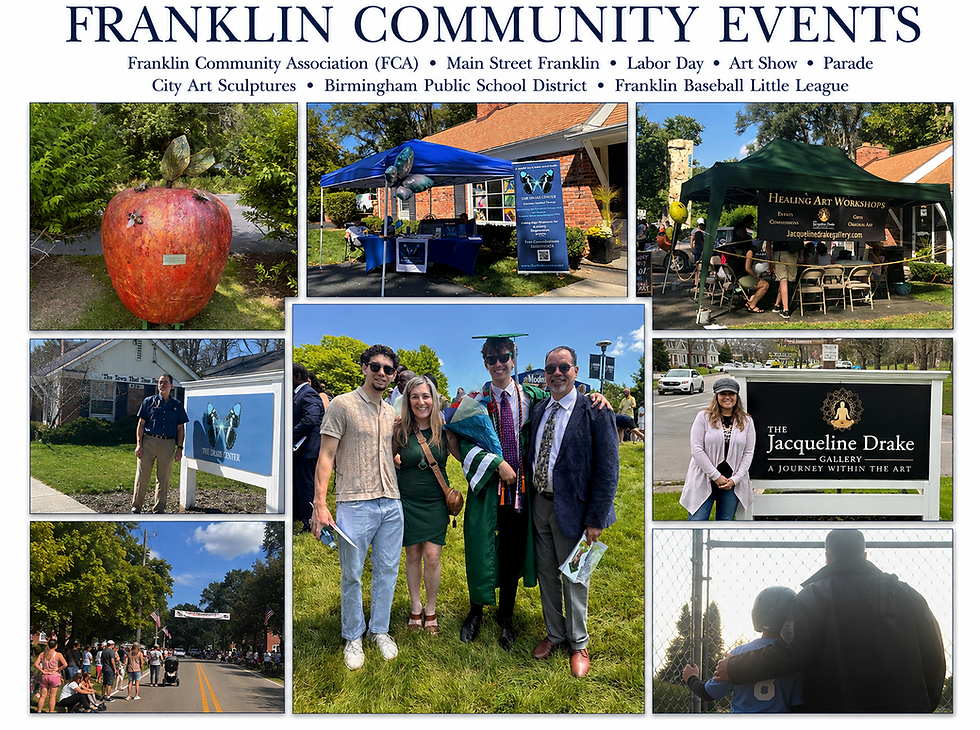 Collage of the Drake family, community events, The Drake Center, and The Jacqueline Drake Gallery in Franklin