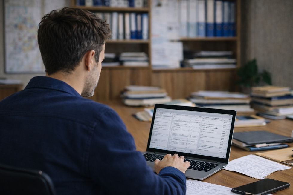 Membro del team ENEX Italia analizza un’azienda durante la fase di ricerca e selezione di una PMI italiana insieme a un futuro imprenditore