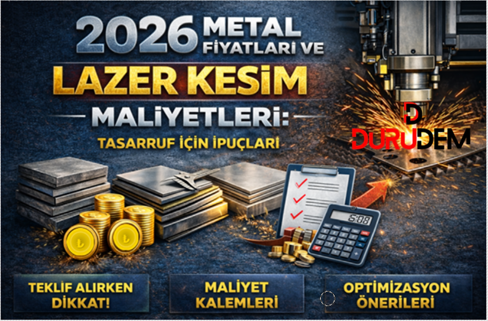 "Lazer kesim makinesi önünde istiflenmiş farklı metal plakaların (çelik, paslanmaz çelik, alüminyum, galvaniz sac, bakır ve pirinç) bulunduğu bilgilendirici görsel; üzerinde 'Hangi metal türünde lazer kesim daha verimli?' sorusu ve Durudem logosu yer almaktadır." 