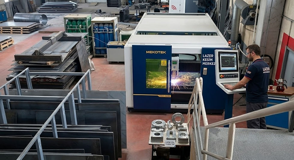 Lazer Kesim Merkezi atölyesinin üst açılı görünümünde, yüksek teknolojili CNC fiber lazer makinesi aktif bir şekilde çalışırken görülmektedir. Operatörün hassas kontrolü altında işlenen metal levhaların yanında, kesimi tamamlanmış "çapak yok, yanma yok" ibaresiyle sergilenen pürüzsüz endüstriyel parçalar profesyonel üretim kalitesini yansıtmaktadır.