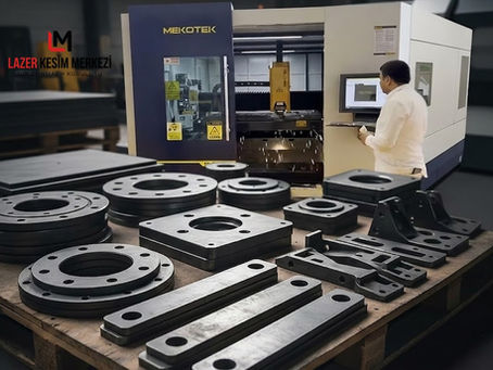 Lazer Kesim Merkezi bünyesindeki CNC fiber lazer makinesinde, operatör hassas ayarlar yaparak metal levhaları pürüzsüz bir şekilde işlemektedir. Ön planda ise kesimi tamamlanmış, çapaksız ve montaja hazır yüksek kaliteli endüstriyel metal parçalar yer almaktadır.