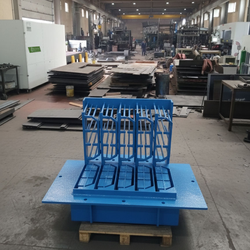 his image shows a close-up of a **high-quality** concrete hollow block mold (presumably a "concrete block mold" used for concrete block production) being installed on the floor in a blue-colored professional workshop at Conmach.