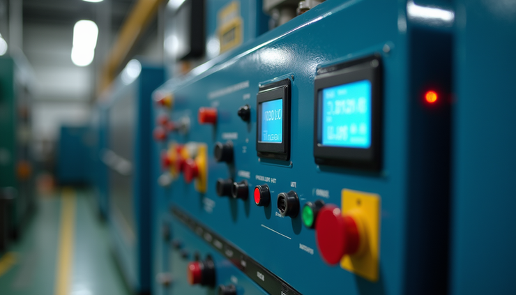 Eye-level view of concrete batching plant control panel with digital interface