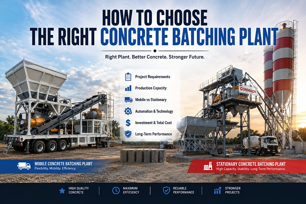 The image compares a mobile concrete batching plant and a stationary concrete batching plant, highlighting their key features and applications. It illustrates the main factors to consider when choosing the right concrete batching plant for different construction projects.