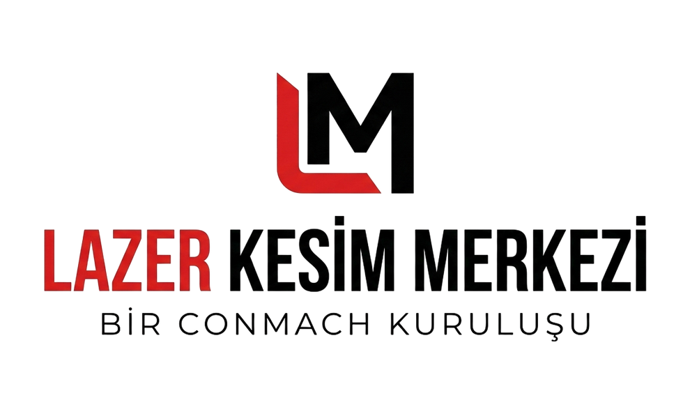 Şeffaf arka plan üzerinde kırmızı L ve siyah M harflerinden oluşan Lazer Kesim Merkezi logosu. Logo alt kısmında LAZER KESİM MERKEZİ, BİR CONMACH KURULUŞU yazıyor.