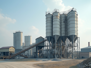 Eye-level view of a large concrete batching plant with multiple silos and mixers
