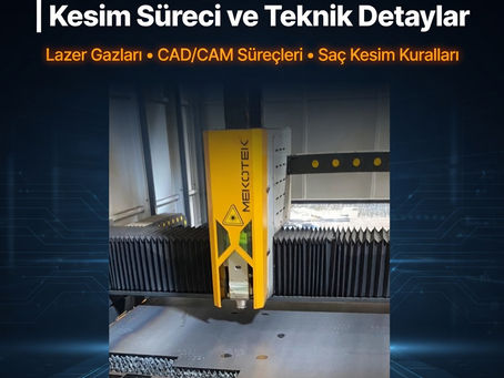 Sarı lazer kesim makinesi, siyah-beyaz arka planla metal plaka üzerinde işlem yapıyor. Üstte "Lazer Kesim Teknolojisi" başlıklı metin var.
