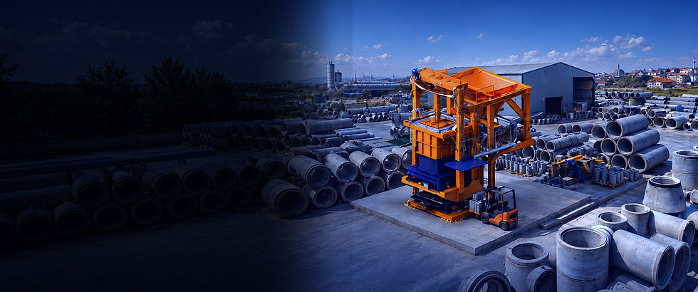 The image showcases a modern concrete pipe manufacturing facility with a high-capacity concrete pipe making machine positioned in the foreground. Large precast concrete pipes are neatly stored throughout the production yard, highlighting industrial-scale manufacturing, advanced engineering, and efficient production capabilities for infrastructure and construction projects.