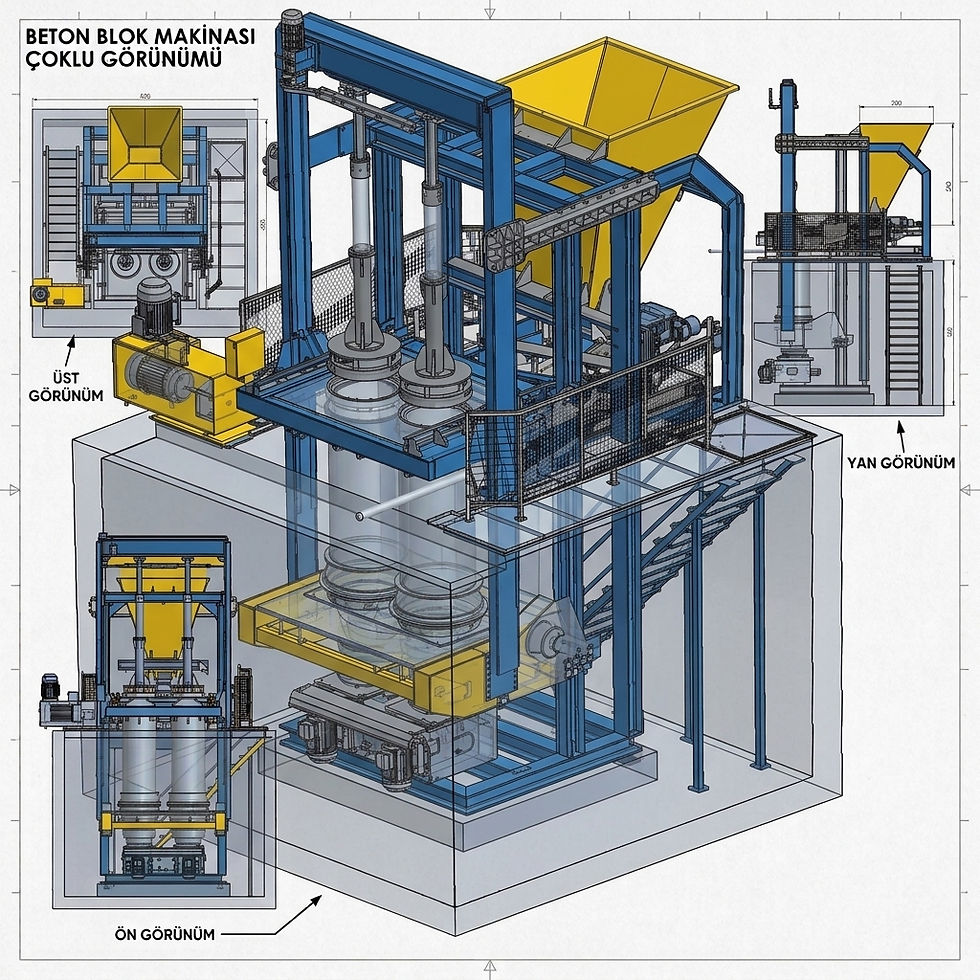 Concrete pipe machine technical drawing with hopper, hydraulic system and control panel