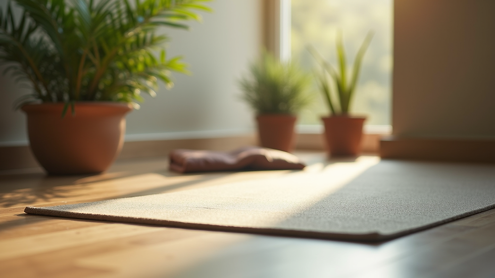 Close-up view of a serene yoga space with a mat and plants