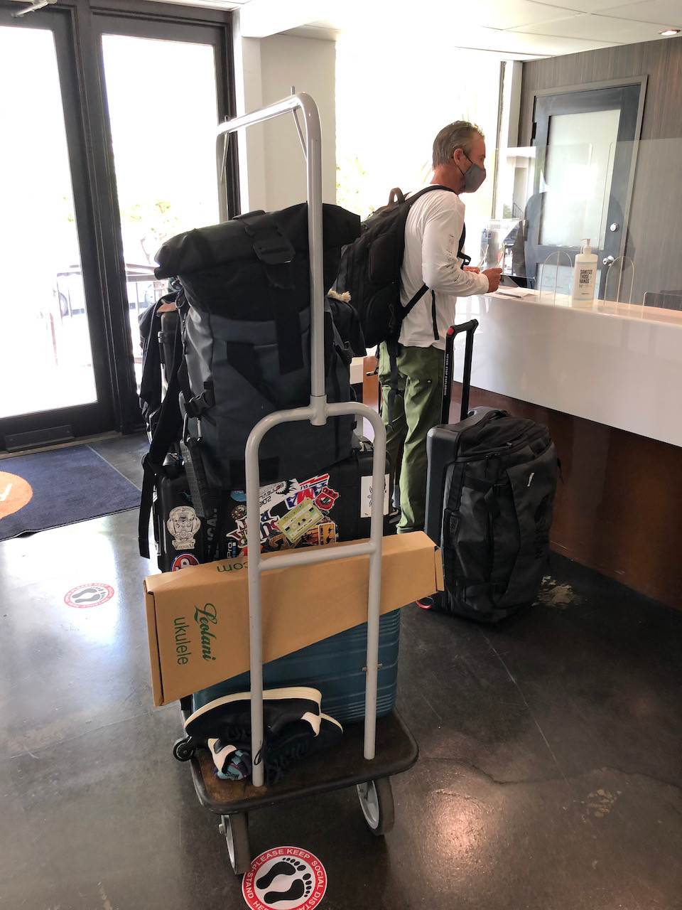 Checking into the hotel in Oahu a luggage cart is full of 20EVO camera equipment