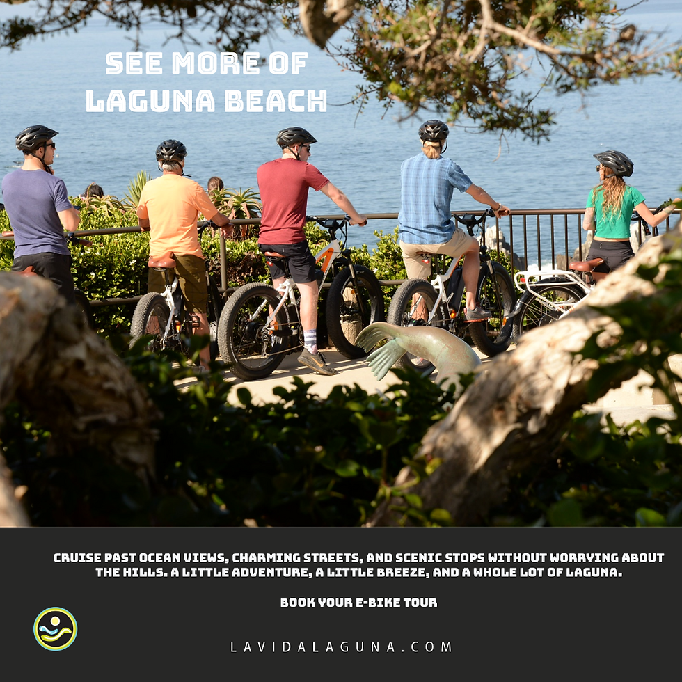 Cyclists on an oceanfront trail overlook the sea. Text reads "See More of Laguna Beach." Greenery and clear skies surround them.