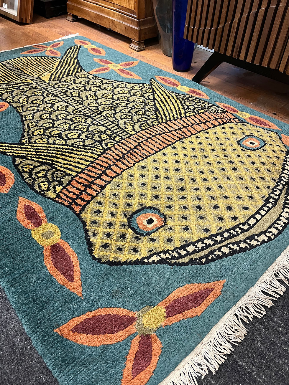 Thumbnail: Tibetan fish teal wool rug 4x6