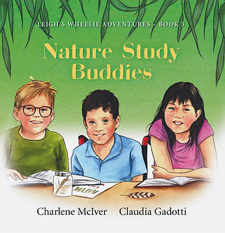 Book cover for 'Nature Study Buddies' showing diverse characters in wheelchairs enjoying a nature walk.