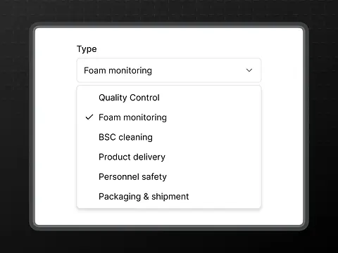 Dropdown menu showing Quality Control options: Foam monitoring, BSC cleaning, Product delivery, Personnel safety, Packaging & shipment.