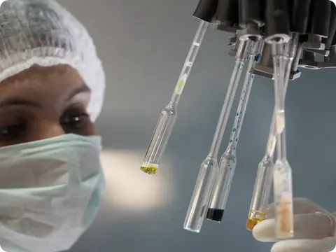 A scientist in protective gear working with test tubes and lab equipment
