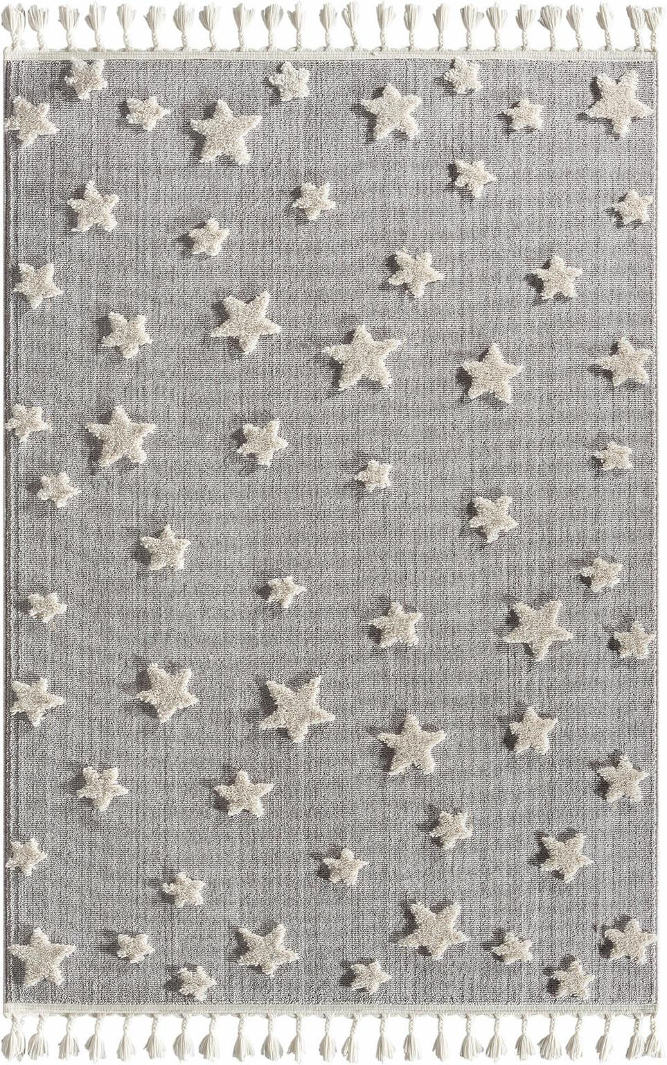 Gri renk zemin üzerine beyaz renklarde yıldızlı çocuk odası halısı.