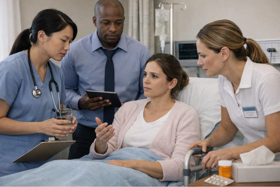 A woman sat in a hospital bed, surrounded by healthcare workers. All the workers are leaning in to listen.