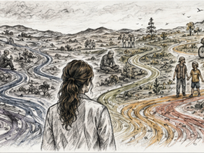 Woman views winding multicolored paths linking scenes of elderly, disabled, families, and couples in a sketchy landscape.