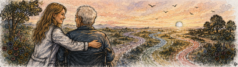 Young woman hugs an elderly man in a wheelchair, watching winding roads at sunset over a flowered landscape.